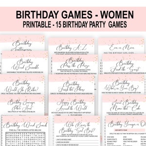 Photo showing all the 15 games included in the birthday party games bundle for women, one on top of each other.