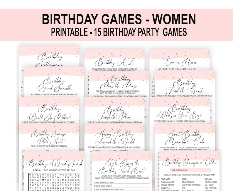 Photo showing all the 15 games included in the birthday party games bundle for women, one on top of each other.