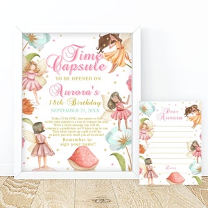 Cápsula de tempo de fadas editável, cartão de nota, jardim de fadas, cápsula de tempo, lembrança, primeiro aniversário, cartões de cápsula de tempo para impressão