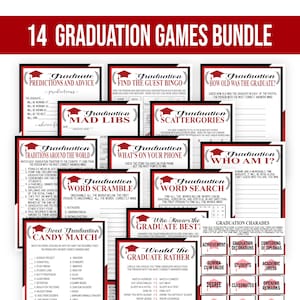 Puede incluir: Un conjunto de 14 juegos de fiesta de graduación imprimibles en rojo y negro con un icono de gorro de graduación. Los juegos incluyen: Predicciones y consejos de graduados, Bingo de invitados, Mad Libs, Scattergories, Tradiciones de todo el mundo, Qué hay en tu teléfono, Descifrar palabras, Quién soy yo?, Búsqueda de palabras, Quién conoce mejor al graduado?, ¿Qué preferiría el graduado?, Charadas de graduación, Coincidencia de dulces.
