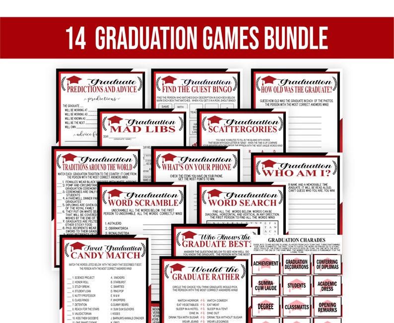 Image shows the 14 graduation games in black and red theme included in the bundle.