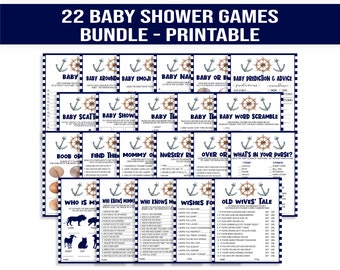 Nautical Baby Shower Game Bundle Blue Nautical Shower Games Navy Blue Nautical Printable Digital Download Baby Boy  Ahoy