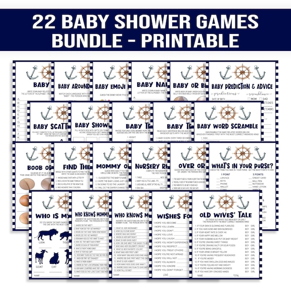 Nautical Baby Shower Game Bundle Blue Nautical Shower Games Navy Blue Nautical Printable Digital Download Baby Boy  Ahoy