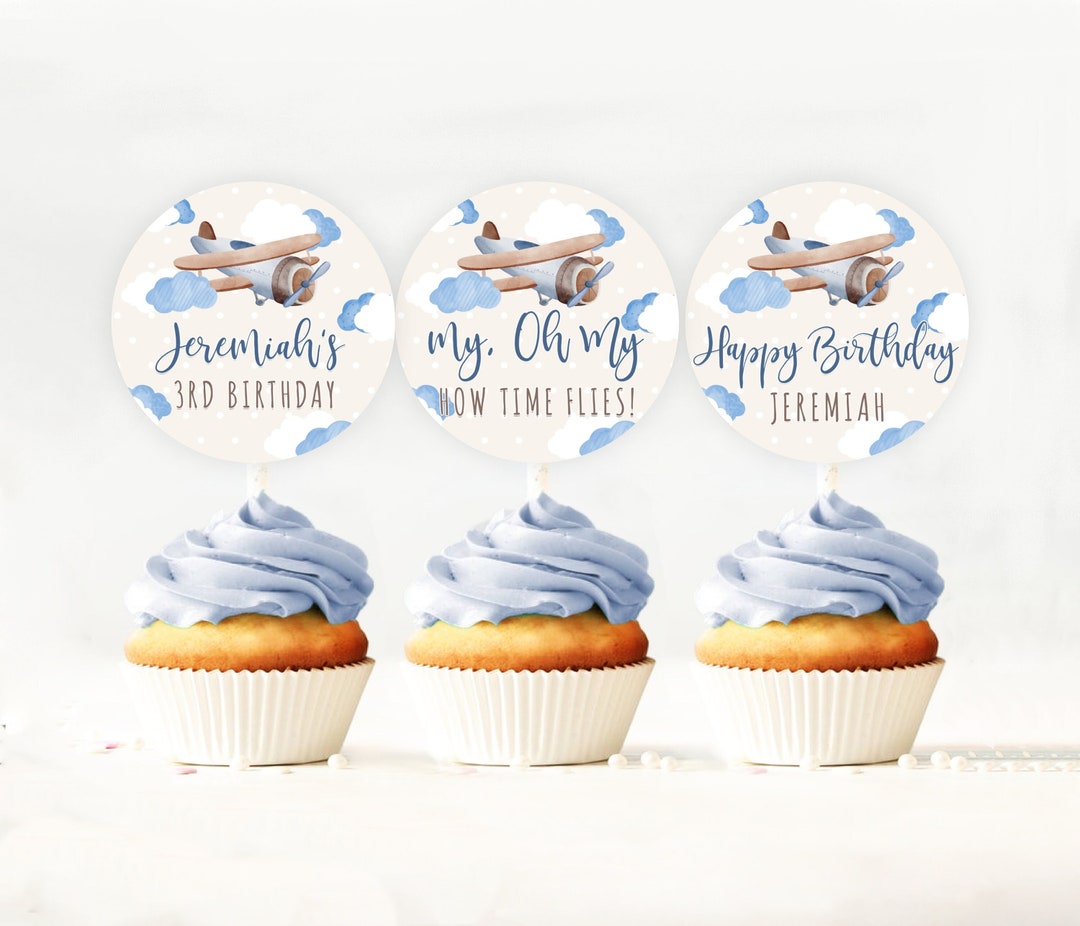 Editable Airplane Boy Cupcake Toppers Label Time Flies Birthday Favor ...