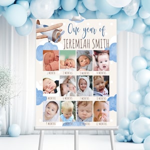 Editable Avión Azul Bebé Primer Año Foto Cartel Hito El tiempo vuela 1er cumpleaños Collage de fotos Signo Año Tablero de imágenes Plantilla digital