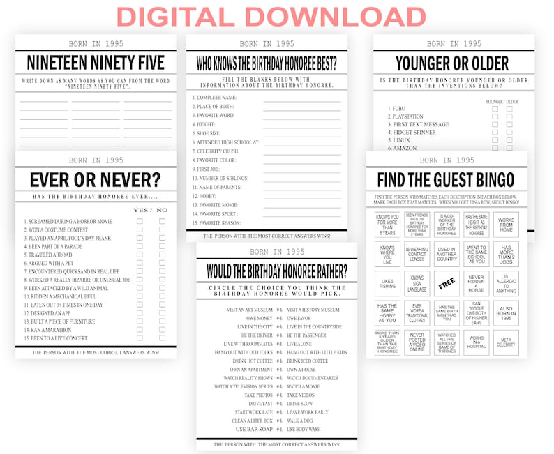 Shows the nineteen ninety five game, who knows the birthday honoree best game, younger or older game, ever or never game, find the guest bingo game, and would the birthday honoree rather game.