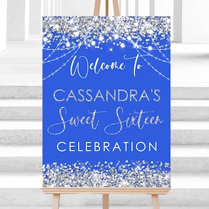 Royal Blue Sweet 16 Welcome Sign: Silver Glitter Decor (Corjl Template)