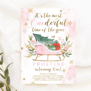 Editable Winter 1st Birthday Invitation Most Onederful Time of The Year Christmas Party Sleigh Girl Pink Digital Download Corjl Template