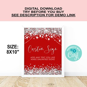 Custom Add Silver Sign Editable Red Silver Glitter Custom Sign PRINTABLE Red and Silver ...