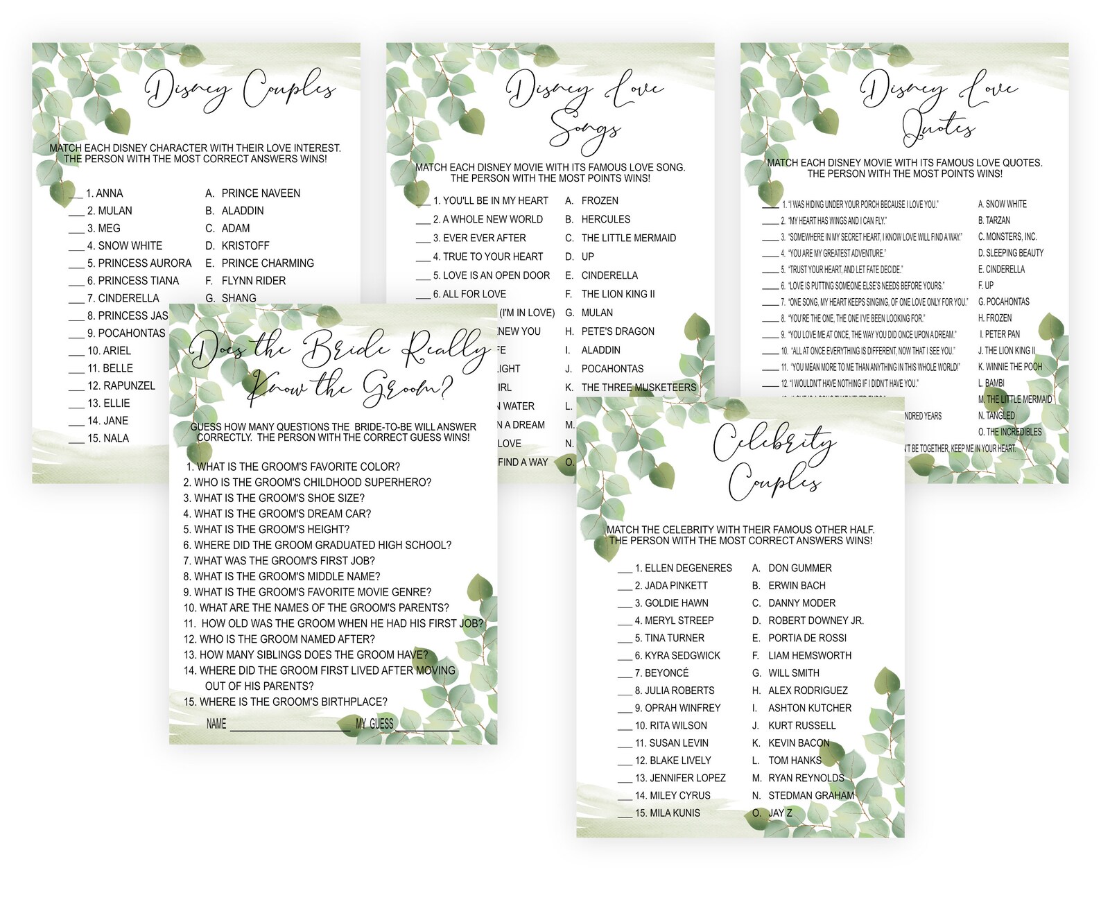 Eucalyptus Bridal Shower Game Bundle Pack Botanical Bridal Etsy