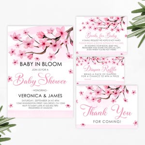Ensemble d'invitations modifiables pour baby shower fleurs de cerisier, invitation rose à imprimer pour tombola de couches-culottes, carte de remerciement, livres pour bébé, modèle Corjl