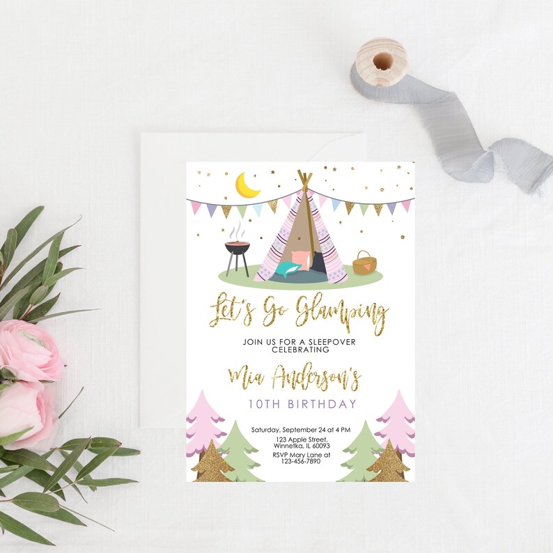 Editable Camping Birthday Invitation Glamping Birthday Party Invite Camping Sleepover Party Invitation Girl Party Invite PRINTABLE Corjl image 3