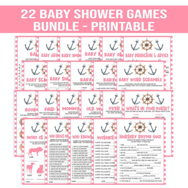 Pink Nautical Baby Shower Games Bundle Pack, Nautical Baby Girl, Ahoy Baby Girl, Baby Shower Girl, Pink Ahoy , Printable, Instant Download