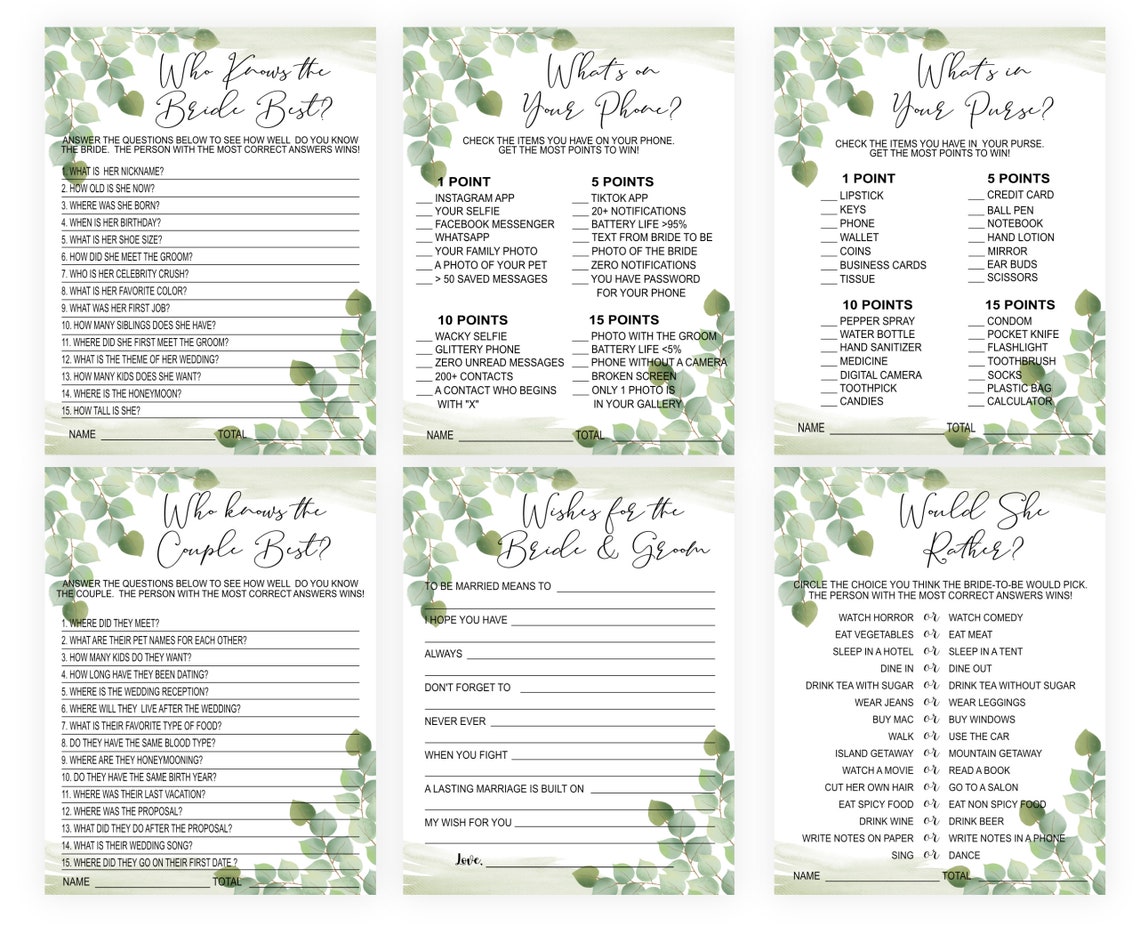 Eucalyptus Bridal Shower Game Bundle Pack Botanical Bridal Etsy