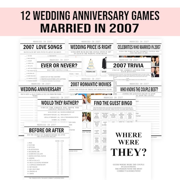 17th Wedding Anniversary Games Marriage 2007 Wedding Anniversary Game Bundle  fun 17th anniversary party PRINTABLE anniversary activity