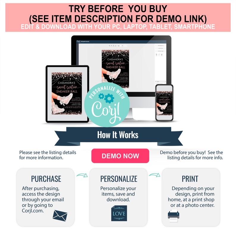 May include: A digital mockup showing how to personalize and print a sweet sixteen party invitation. The invitation features a black background with pink glitter and the text "Cassandra's Sweet Sixteen Sneaker Ball".