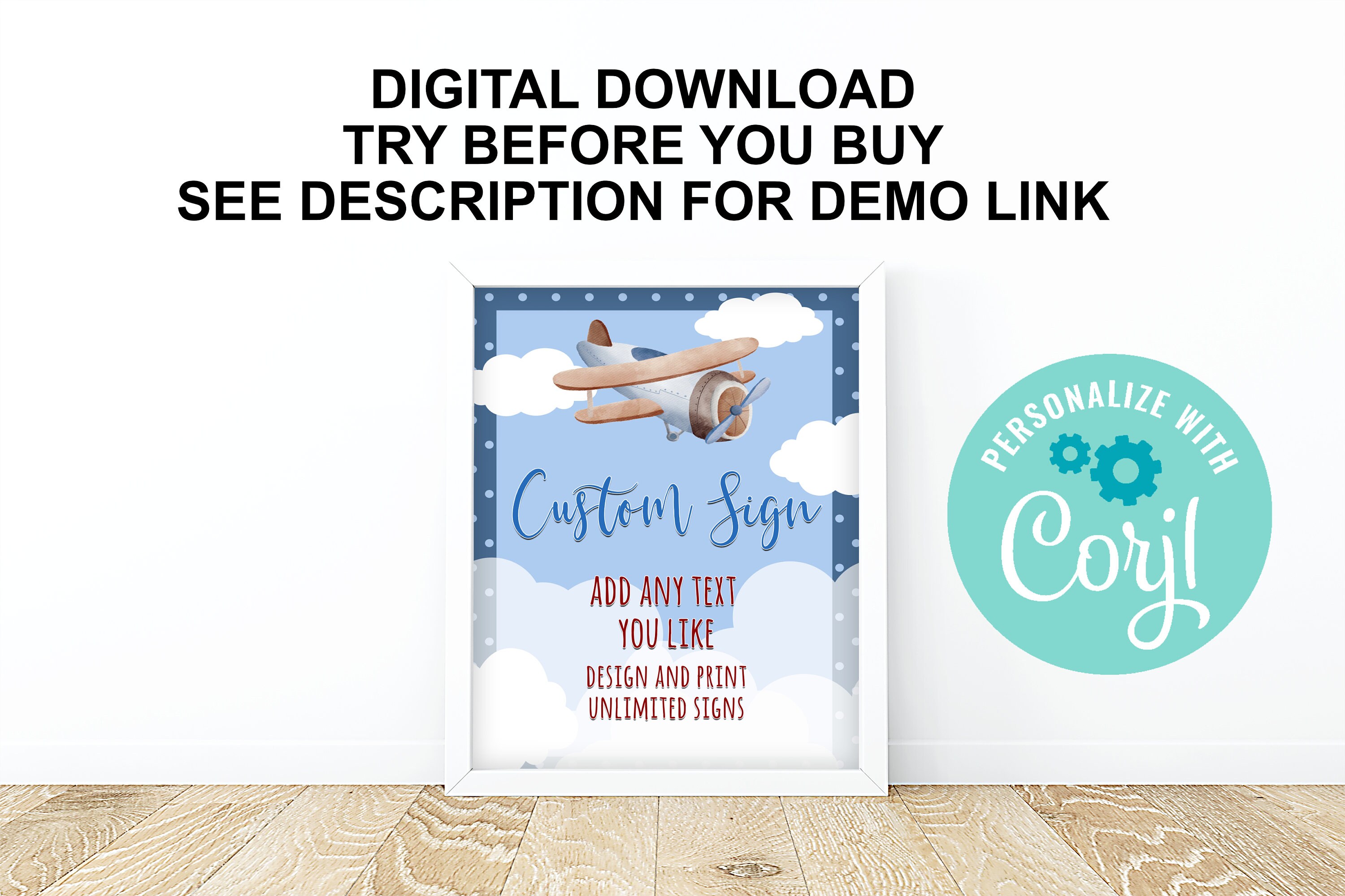 Editable Custom Blue Airplane Baby Shower Sign Decor Digital File ...