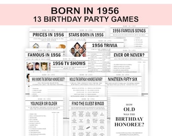 Partygames 70e verjaardag, geboren in 1956 Trivia Quiz-bundel, leuk idee voor 70e feestactiviteit voor mannen en vrouwen, afdrukbare digitale download