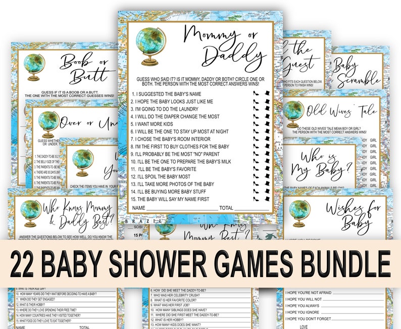 globe world baby shower game bundle pack , world map baby shower games, globe baby shower games, map baby shower games, printable 