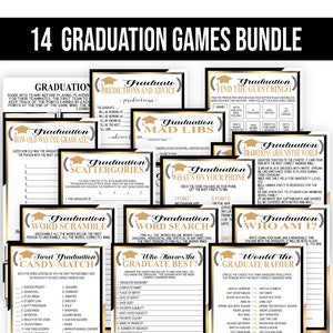 Puede incluir: Un paquete de 14 juegos de graduación, incluyendo Mad Libs y Bingo. Los juegos presentan detalles dorados y están diseñados para una fiesta de graduación. El texto en la parte superior dice "14 Graduation Games Bundle".