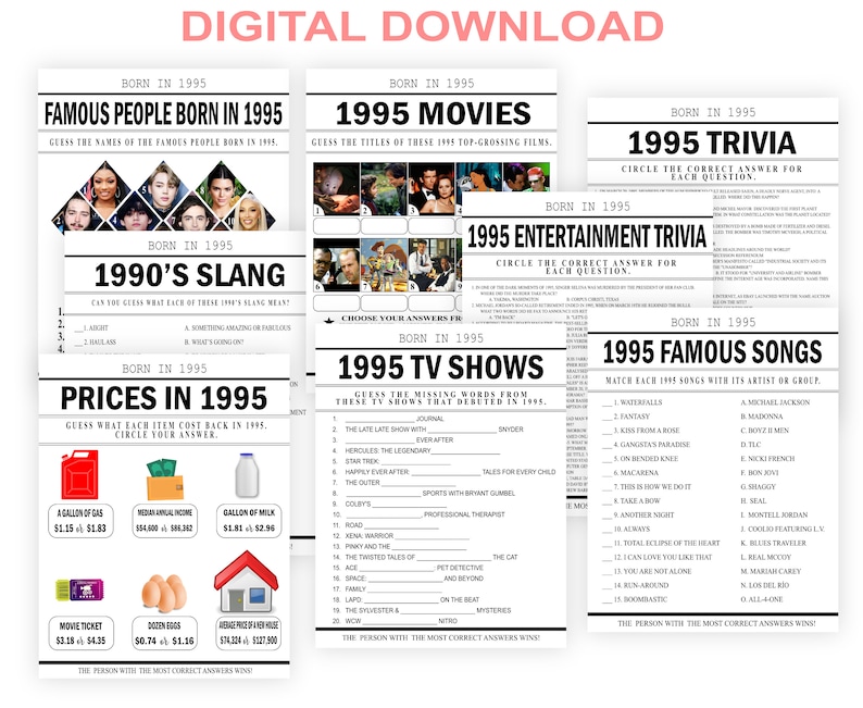 Displays the famous people born in 1995 game, 1995 movies game, 1995 trivia game, 1990s slang game, 1995 entertainment trivia game, 1995 famous songs game, 1995 tv shows game and prices in 1995 game.