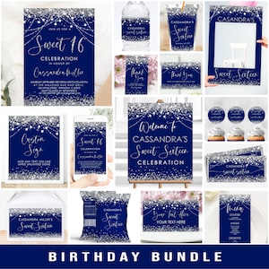 Editable Blue Silver Birthday Invitation Party Bundle Glitter sweet 16 invite blue Printable package Corjl Template Digital Download