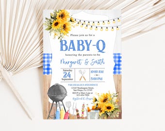 Edytowalne zaproszenie na baby shower z grilla dla par, zaproszenie na baby shower na podwórku dla par, baby shower dla dzieci, baby-q, wspólny baby shower z grillem, chłopiec, niebieski, Corjl, szablon do wydruku