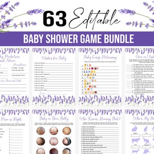 Editable Lavender Baby Shower Games bundle Violet Purple Flower Baby Shower Party Activity Printable Digital Download Corjl Template