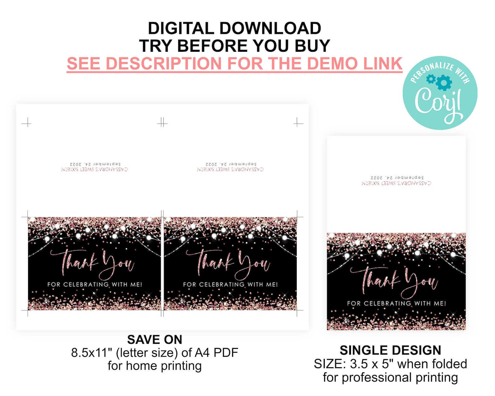 Editable Rose Gold Black Thank You Card PRINTABLE Template Rosegold ...