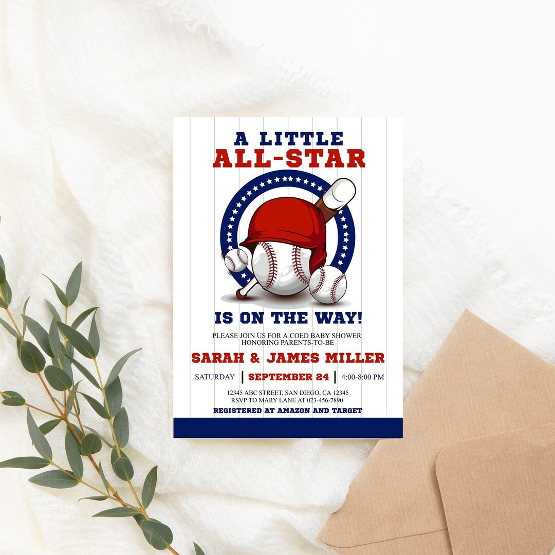 Editable Baseball Baby Shower Invitation Red Blue Baseball Theme Baby