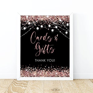 Rose Gold Black  Cards and Gifts Sign Birthday Party Decor PRINTABLE Rose Gold Glitter Sweet Sixteen Gifts Sign Birthday Decoration Table