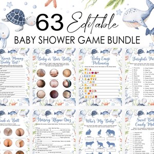 May include: A set of 63 printable baby shower game cards featuring a blue and white ocean theme with illustrations of sea creatures. The cards include games like "Who Knows Mommy & Daddy Best?", "Baby or Beer Belly", "Baby Emoji Pictionary", "Fairytale Parents", "Boob or Butt", "Nursery Rhyme Quiz", "Who's My Baby?", and "Sweet Baby Candy Match".