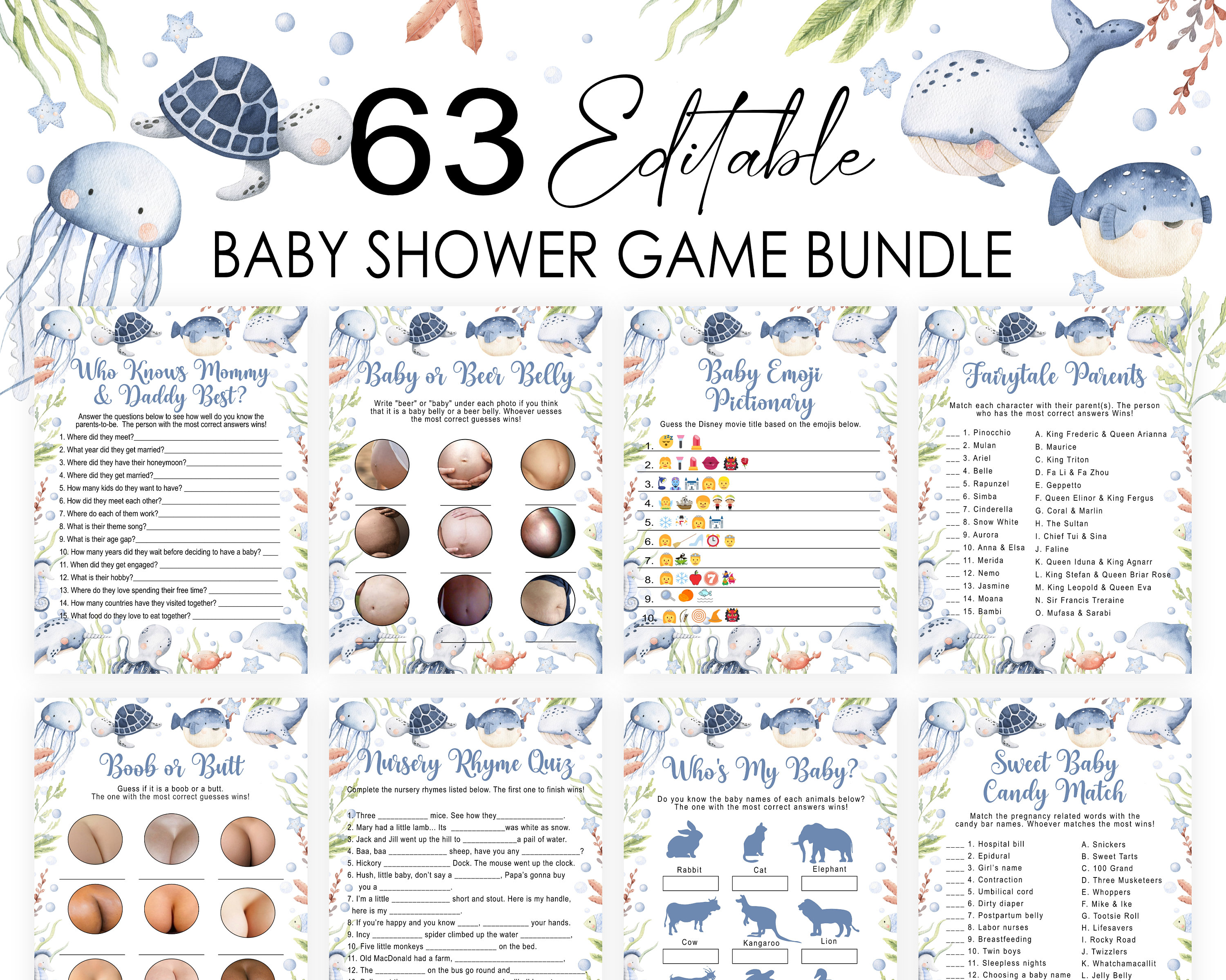 Editable Under Sea Baby Shower Games Bundle Blue Ocean Animals Baby Shower Game Pack Fun Activity Printable Digital Corjl Template