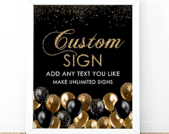 Editable black balloon gold party decoration, Balloon Custom Table Decor Sign, Sweet Sixteen Birthday centerpiece Digital Download Template