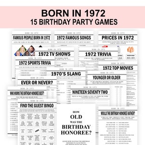 52nd Birthday Games Born in 1972 Birthday Games Bundle 1972 Trivia 52nd birthday party PRINTABLE games for Men Women Digital Download
