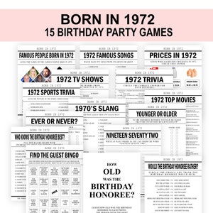 May include: A set of 15 printable birthday party games for people born in 1972. The games include trivia, price guessing, and "who knows the birthday honoree best?"  The games are designed in a vintage newspaper style.