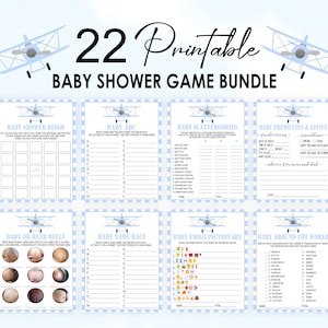 Vliegtuig baby shower spelbundel, blauwe babyjongen vliegtuig baby shower spel, avontuur baby shower spel, reizen baby shower spel, afdrukbaar