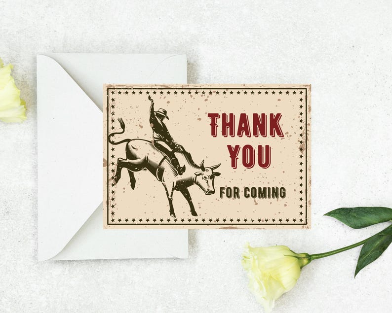 Editable Bull Rodeo Thank You Card Printable Cowboy Rustic Bull Theme ...