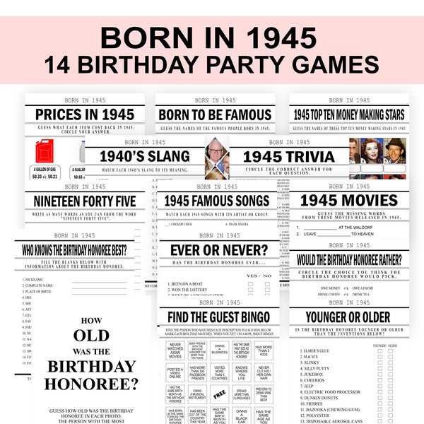 79th Birthday Party Games Born in 1945 Birthday Games Bundle 1945 Trivia fun 79th party games for Men Women PRINTABLE Digital Download