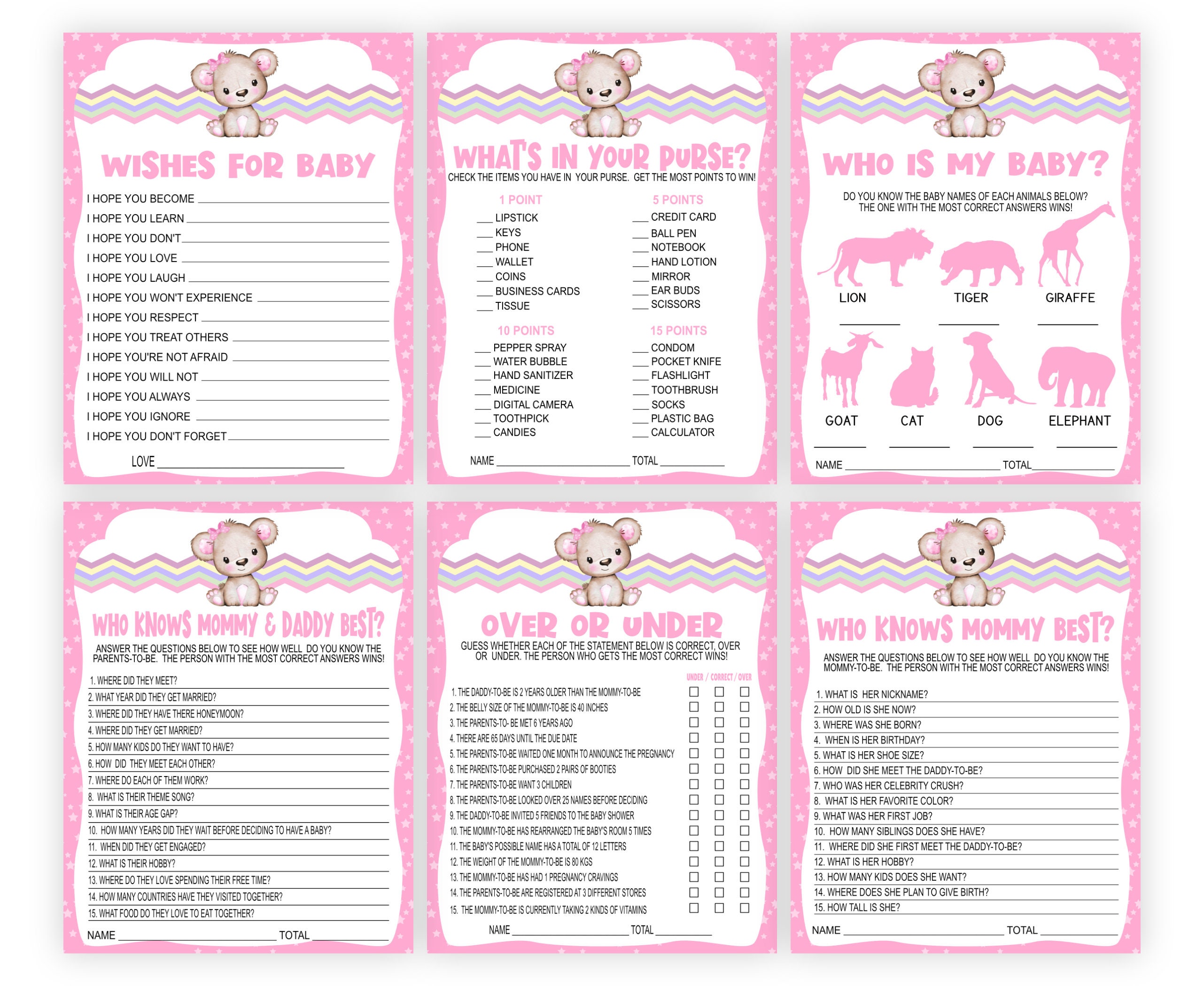 Bear Baby Shower Game Bundle Game Pink Bear Baby Shower Etsy UK