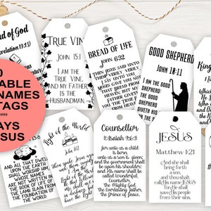 May include: A set of 40 printable gift tags featuring different names of Jesus with corresponding Bible verses. The tags are white with black text and illustrations. The tags are designed for 12 days of Christmas.