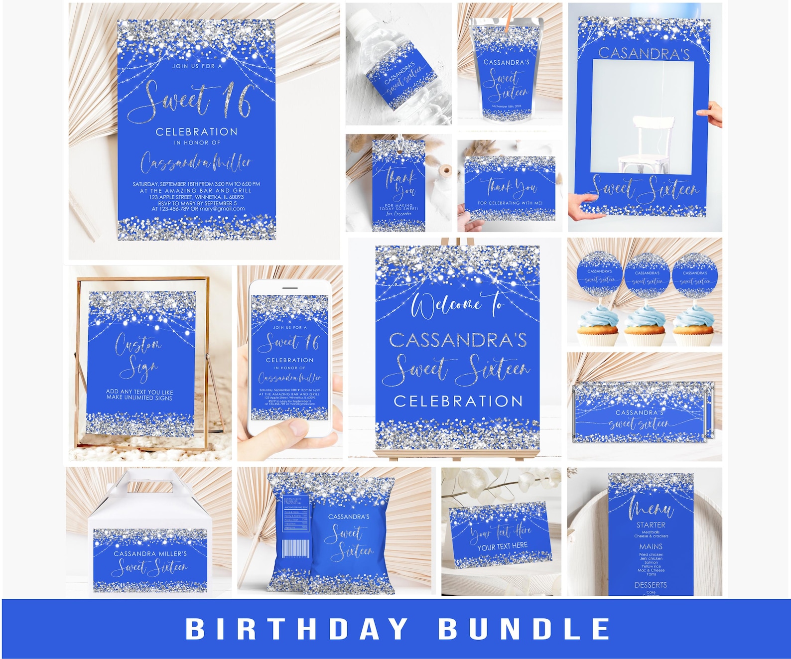 Editable Royal Blue Silver Birthday Invitation Bundle Glitter Sweet 16 ...