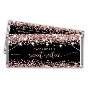 Editable Sweet Sixteen Candy Bar Wrapper Label Rose Gold Glitter Favor Label Birthday Party Chocolate Bar Wrapper Black PRINTABLE Corjl
