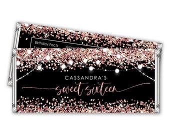 Editable Sweet Sixteen Candy Bar Wrapper Label Rose Gold Glitter Favor Label Birthday Party Chocolate Bar Wrapper Black PRINTABLE Corjl