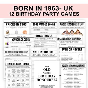 62nd Birthday Party Games British Born in 1963 Birthday Games Bundle UK 1963 Trivia party games for men women Printable digital download