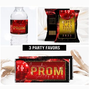 Editable Prom Send Off Red Gold Black Party Favor Bundle Red Gold Black Prom Chip Bag Label Prom Water Bottle Label Prom Candy Wrapper Corjl