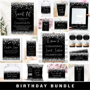 Editable Silver Black Birthday Invitation Party Bundle Sweet Sixteen Celebration Printable party package Corjl Template Digital Download