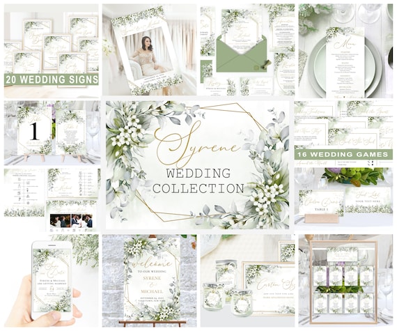 Editable Greenery Wedding Bundle Template Elegant Sage Green gold wedding stationary Green Leaves Set Digital Download Corjl SYRYNE