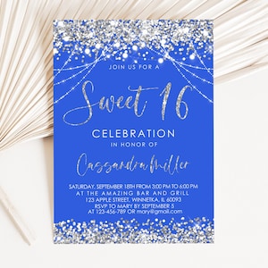 Faire-part modifiable en argent bleu roi, invitation à une fête d'anniversaire paillettes bleu roi argent, thème argent bleu roi, modèle Corjl imprimable