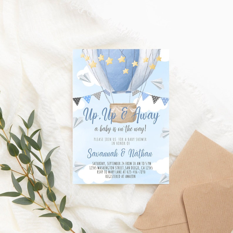 Editable Hot Air Balloon Baby Shower Invitation Blue Hot Air Etsy